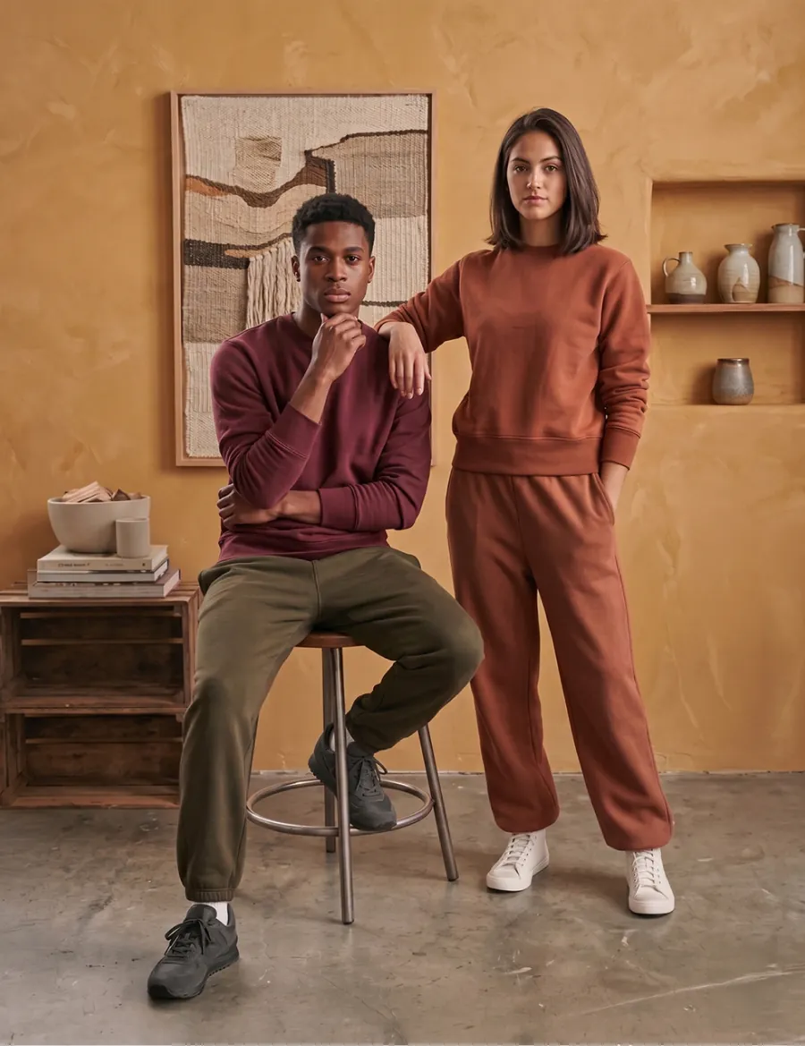 The same sweatshirt styled on models in a warm, art-directed studio scene.